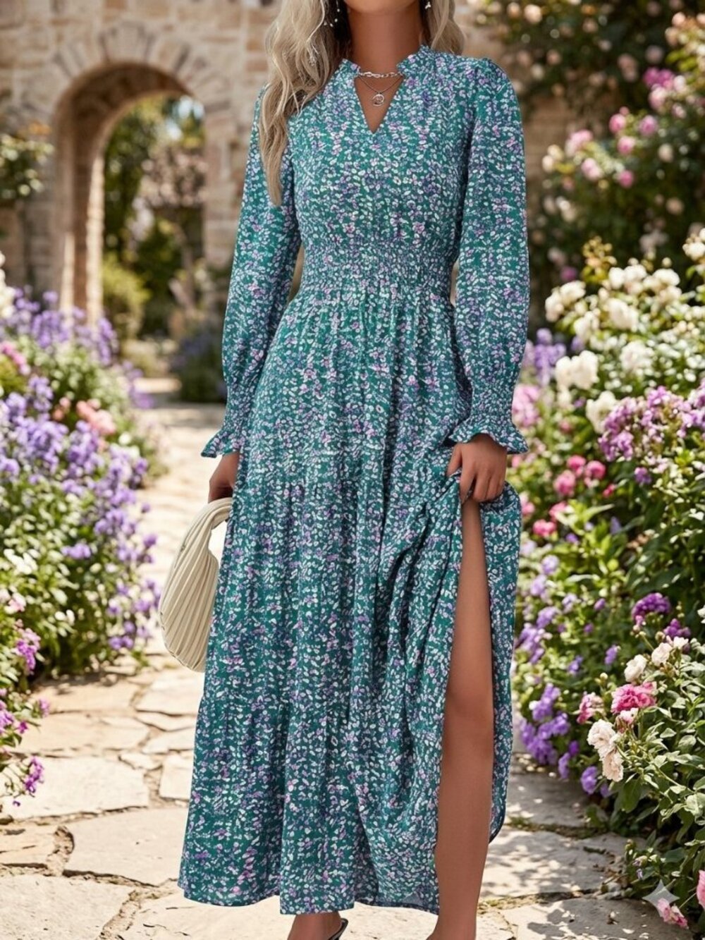 Floral Purple Green Maxi Dress Long Sleeve Boho Wedding Guest